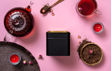 Black metal packaging for tea. Tea branding and packaging mockup. Blank tea packaging mockup with tea to display your branding design.