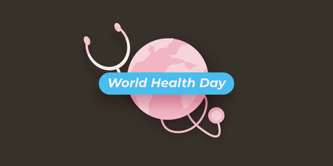 world health day concept banner design template with heart, earth globe and stethoscope. Horizontal Health day poster or banner