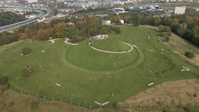 Aerial view of Krakus Mound - Kopiec Krakusa in Krakow, Poland. Krakus or Krak was a legendary founder of the town