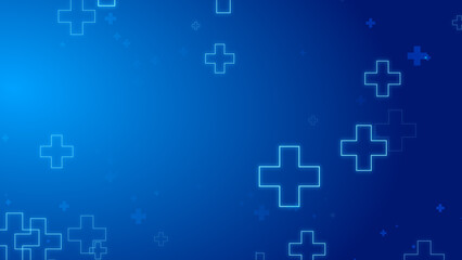 Medical health blue cross neon light shapes pattern healthcare technology background.