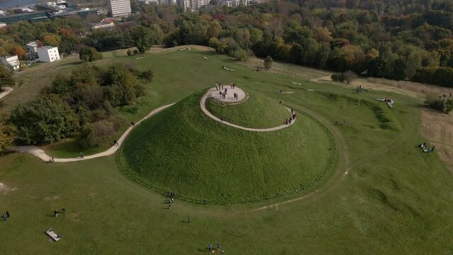 Aerial view of Krakus Mound - Kopiec Krakusa in Krakow, Poland. Krakus or Krak was a legendary founder of the town
