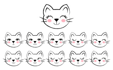 Collection with cute cats smiling faces. Kittens are hand-drawn with a pencil texture. A set of elements for various design and decoration of nursery rooms