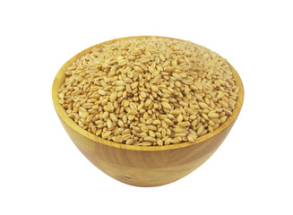 Wooden bowl with wheat seeds isolated on white background