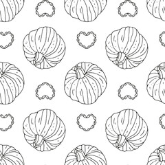 Seamless pattern with hand drawn monochrome black and white pumpkins. White background. Autumn digital paper.
