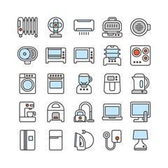 Electric household appliance vector icon set. Home machine and kitchen equipment, air fryer, oven, grill, stove, steamer. Sign symbol illustration in filled outline, flat line, pixel perfect 64x64.