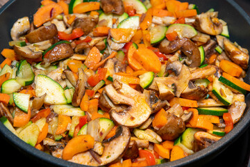 Vegetable pan with fresh mushrooms and vegetables