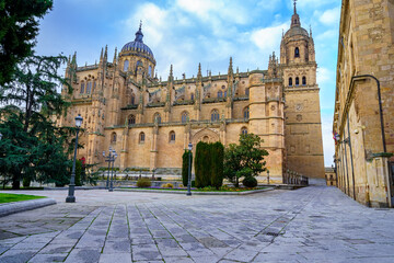 Fototapeta na wymiar Main facade of the Gothic cathedral of Salamanca at dawn.