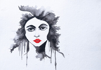Watercolor painting, abstract portrait of a beautiful young model woman with black and white face with red lipstock. Hand painted illustration. Fashion portrait on white background copyspace.