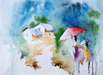 Beautiful watercolour image of two Indian women walking in a rain soaked Indian village with umbrellas. Indian monsoon, hand painted with watercolor paints and brushes.