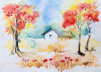 Nice watercolor painting of spring, Krishnachura tree red flowers on full bloom beside a yellow field in the morning. Hand painted watercolor illustration.