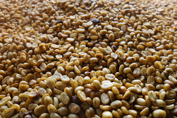 Dried raw coffee beans coated with honey.