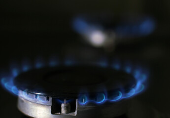 blue flame of burning gas in the kitchen stove