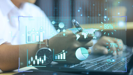 Data analysts or business people are analyzing the data obtained from the database with a laptop....