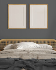 Frame mockup, close up of contemporary scandinavian wooden bedroom with rattan furniture in gray tones, double bed with duvet, blanket and pillows. Cozy interior design concept idea