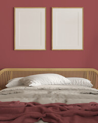 Frame mockup, close up of contemporary scandinavian wooden bedroom with rattan furniture in red tones, double bed with duvet, blanket and pillows. Cozy interior design concept idea