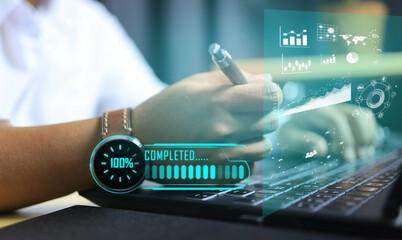 Men's smartwatch, digital data analyzer, status indicator, data download success 100% complete, communication between devices, advanced technology, virtual screen.