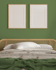 Frame mockup, close up of contemporary scandinavian wooden bedroom with rattan furniture in green tones, double bed with duvet, blanket and pillows. Cozy interior design concept idea