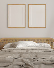 Frame mockup, close up of contemporary scandinavian wooden bedroom with rattan furniture in white tones, double bed with duvet, blanket and pillows. Cozy interior design concept idea
