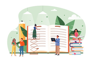 Reading landing page, small tiny people characters, students around big giant books. Concept illustration for education, book lovers, readers, university, student, research.  Flat vector illustration. - obrazy, fototapety, plakaty