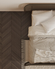 Minimalist scandinavian wooden bedroom in dark tones close up, top view, plan, above. Rattan furniture, double bed with duvet, blanket and pillows, parquet. Modern interior design