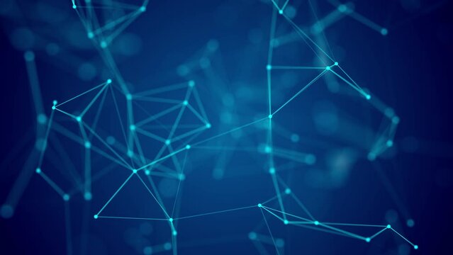 4K digital connection abstract animation dots and lines on blue background. 5G network connection structure technology background.