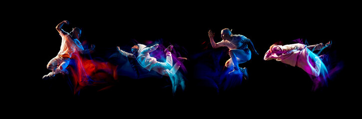 Composite image with stylish man dancing hip-hop, breakdance in white clothes on dark background with mixed neon light.