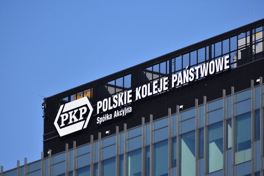 PKP Polske Koleje Panstwowe (Polish National Railways) signage, logo on the facade of the National Railroad company. WARSAW, POLAND - MARCH 13, 2022