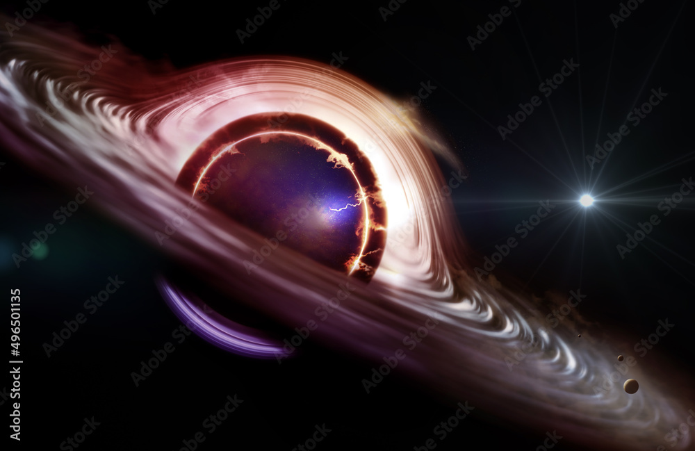 Poster black hole and stars and cloud fields in outer space.