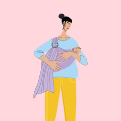 Vector illustration of young woman and baby in sling. Colorful portrait in hand drawn style. Concept of pregnancy and motherhood. 