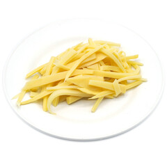 Sliced of bamboo shoots on white dish, isolated on white background. One of the ingredients for Asian cuisines. spot focus