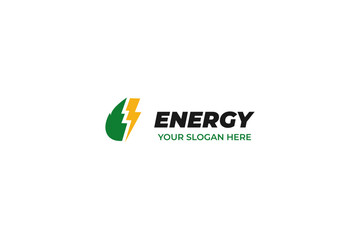Flat green energy with thunderbolt logo design vector template
