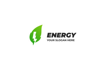Flat leaf with thunderbolt energy logo design vector