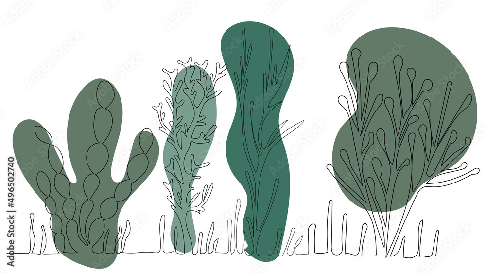 Wall mural algae drawing in one continuous line, isolated vector