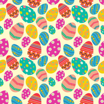 Vector colored easter eggs seamless pattern for Easter holidays, Vector illustration for textile print, wallpaper, fashion design, cute seamless pattern. © patcharawan