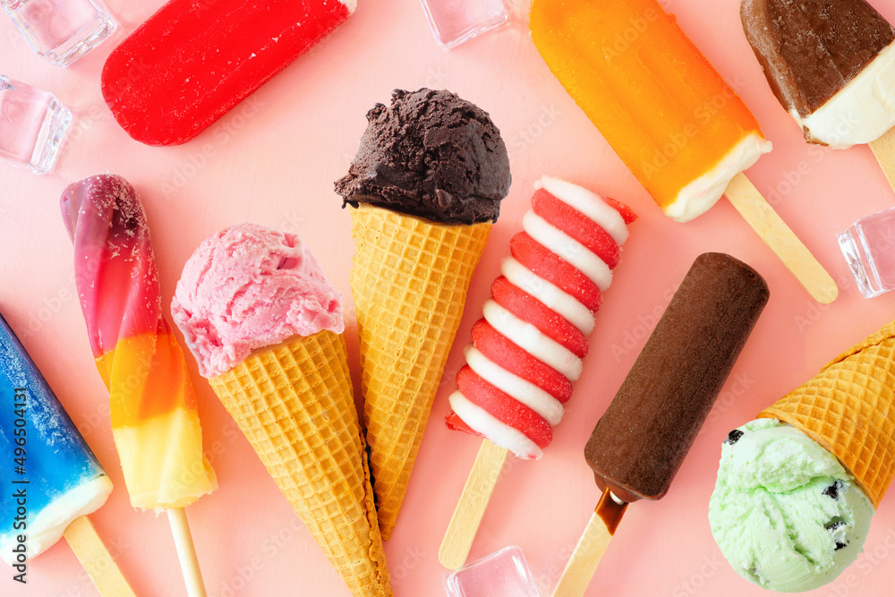 Poster assortment of chocolate and colorful summer frozen desserts. top down view table scene on a pink bac