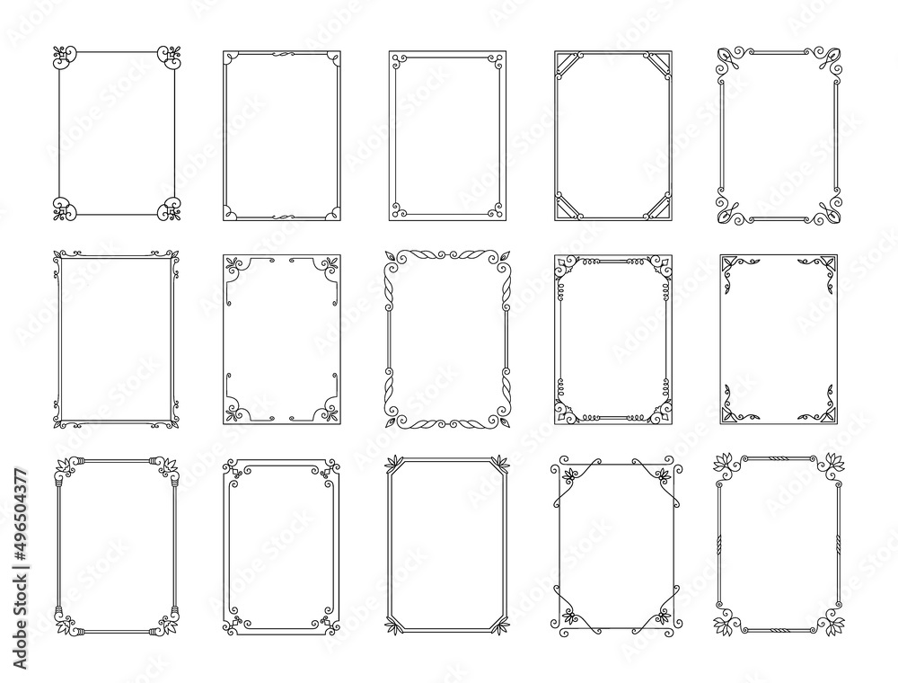 Poster Decorative frames. Abstract vintage calligraphic framing for invitations and postcards. Geometric shapes. Classic filigree rectangles. Retro botanical elements. Vector line borders set
