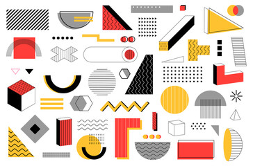 Memphis shapes. Abstract geometric elements. Minimal hipster colorful polygon forms collection. Isolated triangles or squares. Simple lines and dots. Vector Bauhaus retro figures set