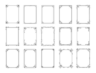 Decorative frames. Abstract vintage calligraphic framing for invitations and postcards. Geometric shapes. Classic filigree rectangles. Retro botanical elements. Vector line borders set