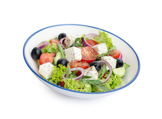 plate with greek salad on white isolated background