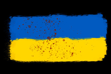 illustration of the flag of Ukraine with drops of blood. black background. imitation oil painting. War in Ukraine 2022. Glory to Ukraine