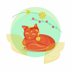 Fox sleeping among berries, flower and leaves in a forest on summer or spring sunny day, colorful napping fox located on circle natural background.