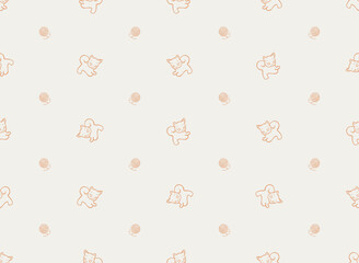Cute kitten and ball of wool, simple vector monochrome seamless pattern. Hand drawn line drawing. Perfect for textiles, kids room wallpapers, covers, paper packaging, postcards, notepads, kids clothes - 496505108