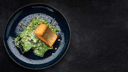 Grilled salmon fillet with herbs, on a dark background