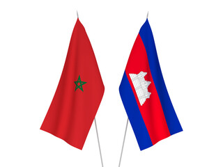 National fabric flags of Morocco and Kingdom of Cambodia isolated on white background. 3d rendering illustration.