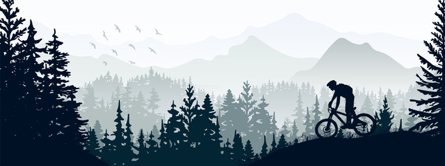 Fototapeta na wymiar Silhouette of mountain bike rider in wild nature landscape. Mountains, forest in background. Magical misty nature. Gray illustration.
