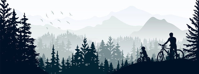 Obraz na płótnie Canvas Silhouette of father and child riding bikes in wild nature landscape. Forest and mountains in the background. Magical misty landscape. Banner. Horizontal illustration. 