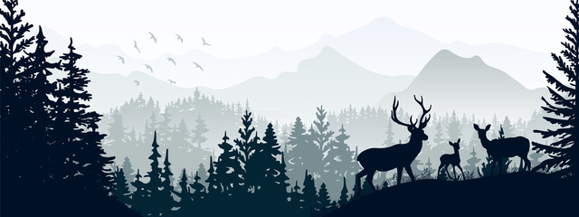 Naklejka na ściany i meble Horizontal banner. Silhouette of deer, doe, fawn standing on meadow in forrest. Silhouette of animal, trees, grass. Magical misty landscape, fog, mountains. Gray illustration. Bookmark.