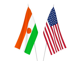 National fabric flags of America and Republic of the Niger isolated on white background. 3d rendering illustration.