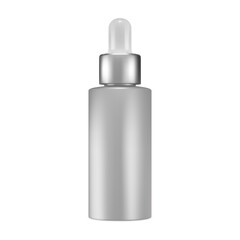 Cosmetic oil dropper bottle. Serum essence bottle mockup. Silver eyedropper vial for collagen product. Essential oil pipette flask, natural aroma care treatment jar template design