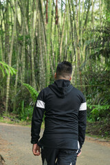 latin guy walking along a trail in the middle of a bamboo forest in colombia. beautiful jungle in south america, man walking in nature. ecology concept.